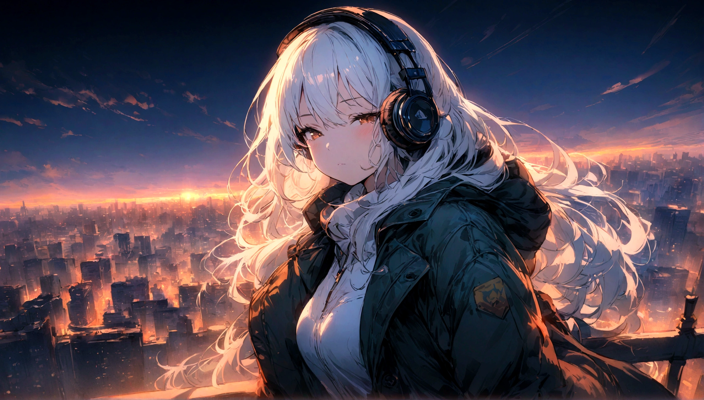 A white-haired girl wearing a coat and headphones, Squinting at the bustling city under the afterglow of the setting sun, (best quality, 4k, High resolution, Extremely detailed), Artistic touch with pencil sketch, Vibrant colors, and soft lighting