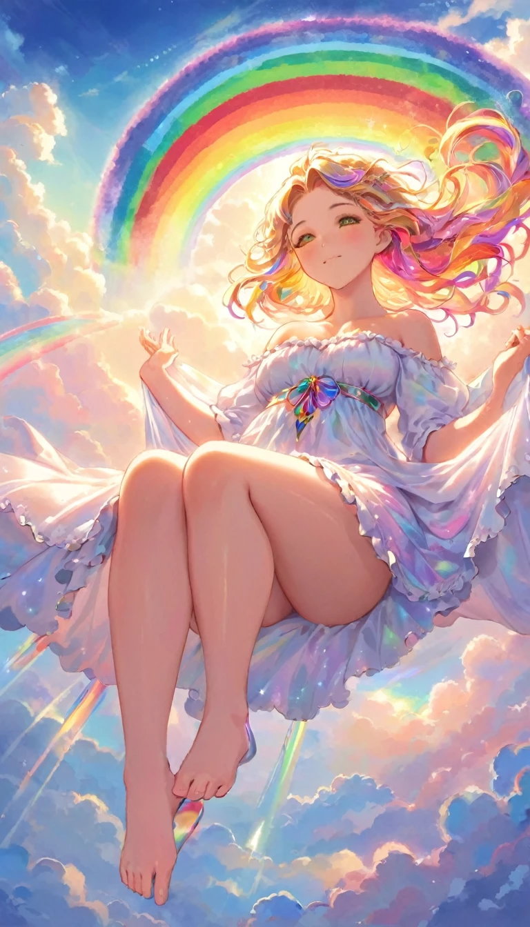 A stunningly ethereal figure, composed of a dazzling array of rainbow hues, reclines gracefully at the end of a radiant rainbow amidst the fluffy clouds in the sky. Bathed in dynamic and enchanting lighting, accentuates her vibrant, full-bodied form. Fantasy art. Masterpiece
