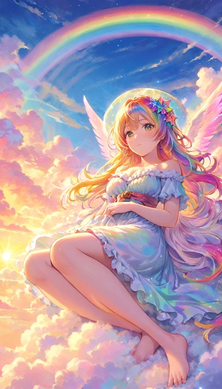 A stunningly ethereal figure, composed of a dazzling array of rainbow hues, reclines gracefully at the end of a radiant rainbow amidst the fluffy clouds in the sky. Bathed in dynamic and enchanting lighting, accentuates her vibrant, full-bodied form. Fantasy art. Masterpiece 