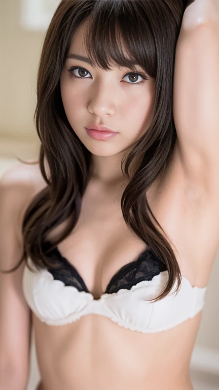 (masterpiece, highest quality, RAW photo, realistic:1.2), 1 girl, look away, sad, beautiful girl, cute, delicate girl, hair up, written boundary depth, High resolution, Super detailed, detailed, Highly detailed eyes and face, realistic student, sharp focus, cinematic lighting, Upper body, bangs, silk lingerie,