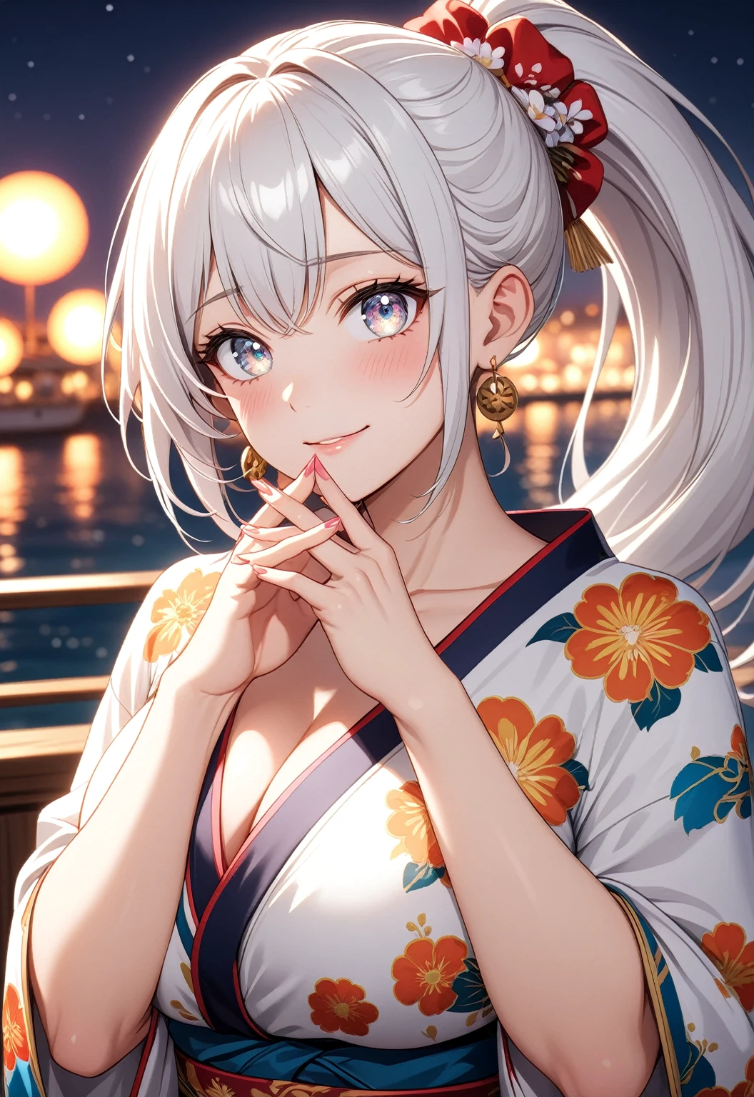 ((one personの女性)), Beautiful Face,Laughing embarrassedly,Laughing with your mouth open,(Bright red cheeks),Glossy pink lips,night,The rooftop of a hotel with a sea view,Houseboat on the sea,firework,((Anime style background)),masterpiece, highest quality, so beautiful, Latest, Complex details, (Pink long nails),(ring),AI-generated, Complex,High resolution, highest quality, super high quality,3D Images、View your viewers、3D Images,one person,Long white hair,High Ponytail,blue eyes,Anime woman posing for a photo, ((Fine grain、Silvery white colorful eyes、Shining Eyes:1.3)),(Squint your eyes:1.1),a hyperRealistic , hyperRealistic , Realistic,Anime woman with long and white hair, Smooth anime CG art, A woman in a colorful kimono with gold embroidery, (White kimono),Red floral pattern,Long flower hair ornament,Big earrings,Mature Body,(Big Breasts:1.1),Tall,Big Ass,Fine details,Narrow waist,Abdominal muscles,Shooting from an angle,(Face close-up:1.2),(clasping their hands in front of their mouth with a delighted expression),