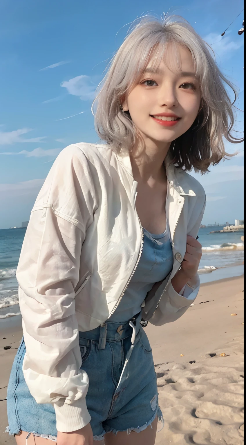 Best image quality、RAW Photos、超A high resolution、21 years old Korean、Small breasts、Dynamic Angle、Cowboy Shot、Chaos in its most beautiful form、elegant、Brutalist Design、Vibrant colors、Beautiful white hair、Short Bob、smile、fun、smile、Glowing White Skin、Beautiful eyes with random colors、Very thin lips、Beautiful eyes in every detail、 Narrow eyes、Cheeks are pale pink、Eyelash length、Beautiful double eyelids、eye shadow、Bright white hair、Overalls、Lightweight see-through jacket、Sandy Beach、null、Shooting from diagonally below、Low Angle、The wind is blowing、Hair fluttering、boost mood、Full body photo