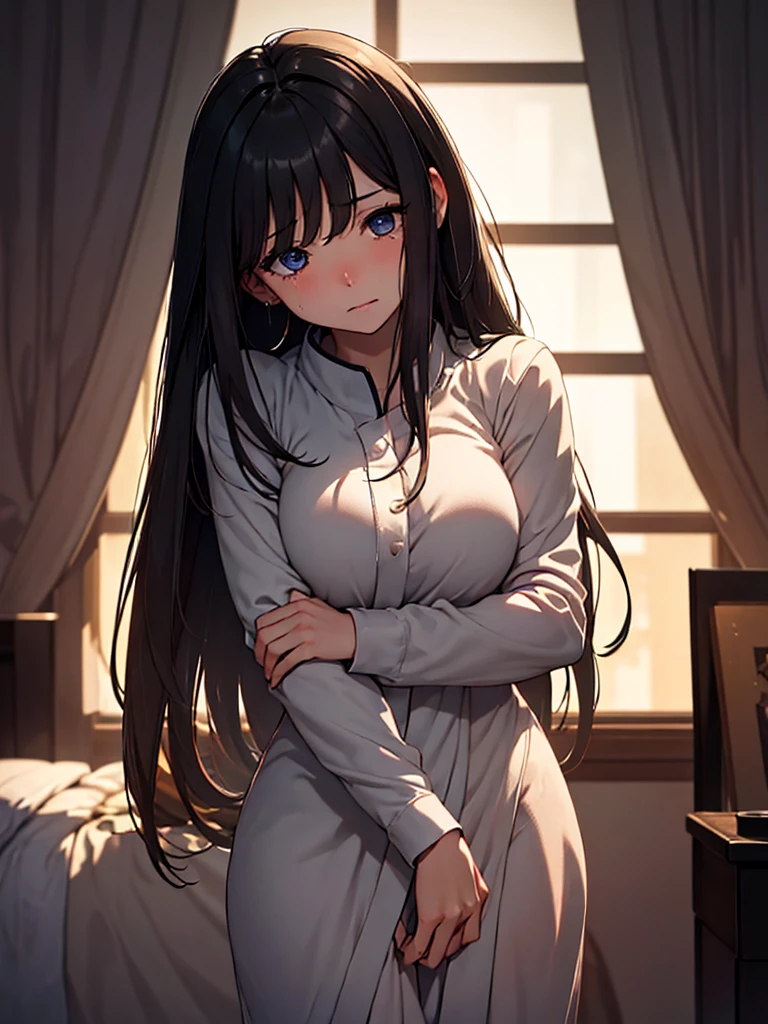(masterpiece、top-quality、hight resolution),In a dimly lit private room, a heartbroken woman who has just been rejected by a man confronts her male friend. She has tearful, pleading eyes and her voice trembles as she says, "Comfort me...!" She clutches his arm tightly, leaning in close, her expression a mix of desperation and vulnerability. Her downcast gaze and soft, innocent smile reveal her emotional turmoil as she seeks solace and protection from her friend. nsfw