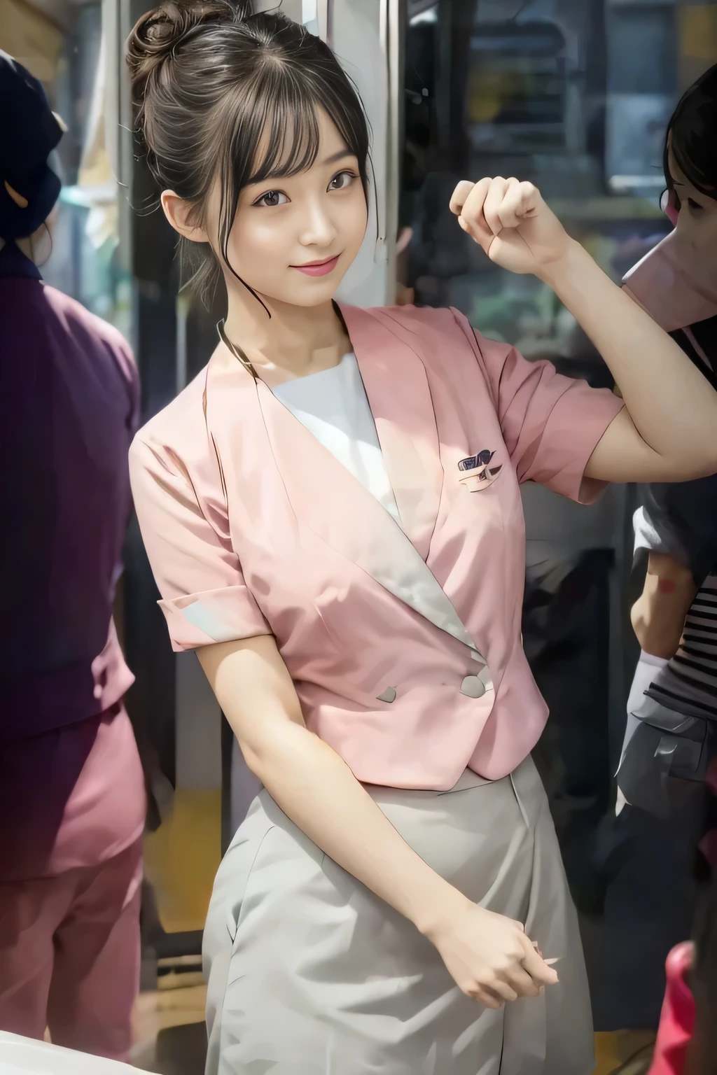 (masterpiece:1.2, highest quality:1.2), 32K HDR, High resolution, (alone、1 girl)、（On the rooftop of a building in the daytime、Professional Lighting）、Building rooftop background、（Nankai train crew uniform pinkを着たリアルスタイル）、（Nankai train crew uniform pink short sleeve pink jacket、Nankai Train Crew Uniform Pink Collarless Short Sleeve Blouse、Nankai Train crew uniform pinkのグレー色のキュロットスカート）、Dark brown hair、（Hair tied up、Hair Bun、Hair Bun）、Dark brown hair、Long Shot、Big Breasts、Thin legs、（（Great hands：2.0）），（（Harmonious body proportions：1.5）），（（Normal limbs：2.0）），（（Normal finger：2.0）），（（Delicate eyes：2.0）），（（Normal eyes：2.0））)、smile、（Nankai Train crew uniform pinkのグレー色のキュロットスカートを見せた美しい歩く姿）、Put your hands up