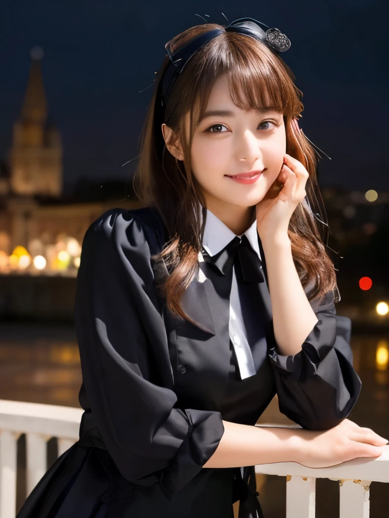 (Realistic, photo-Realistic:1.37), Incredibly absurd, (Very detailed:1.3), 8k, (masterpiece), (highest quality:1.4), (Ultra-high resolution:1.2), (RAW Photos:1.2), Very detailed background, (unity 8k wallpaper), 1 nogizaka girl, very cute, bishojo,  years, (Gothic Lolita Fashion), Exquisitely drawn beautiful faces, eyes and skin, Detailed black shiny hair, Elegant frills, Frilled tie, Ribbon tie, Rose Hair Accessories, Delicate lace dress, Soft fabric, Beautiful rose pattern, Smiling for the camera, Cowboy Shot, European castle landscape, Professional Lighting