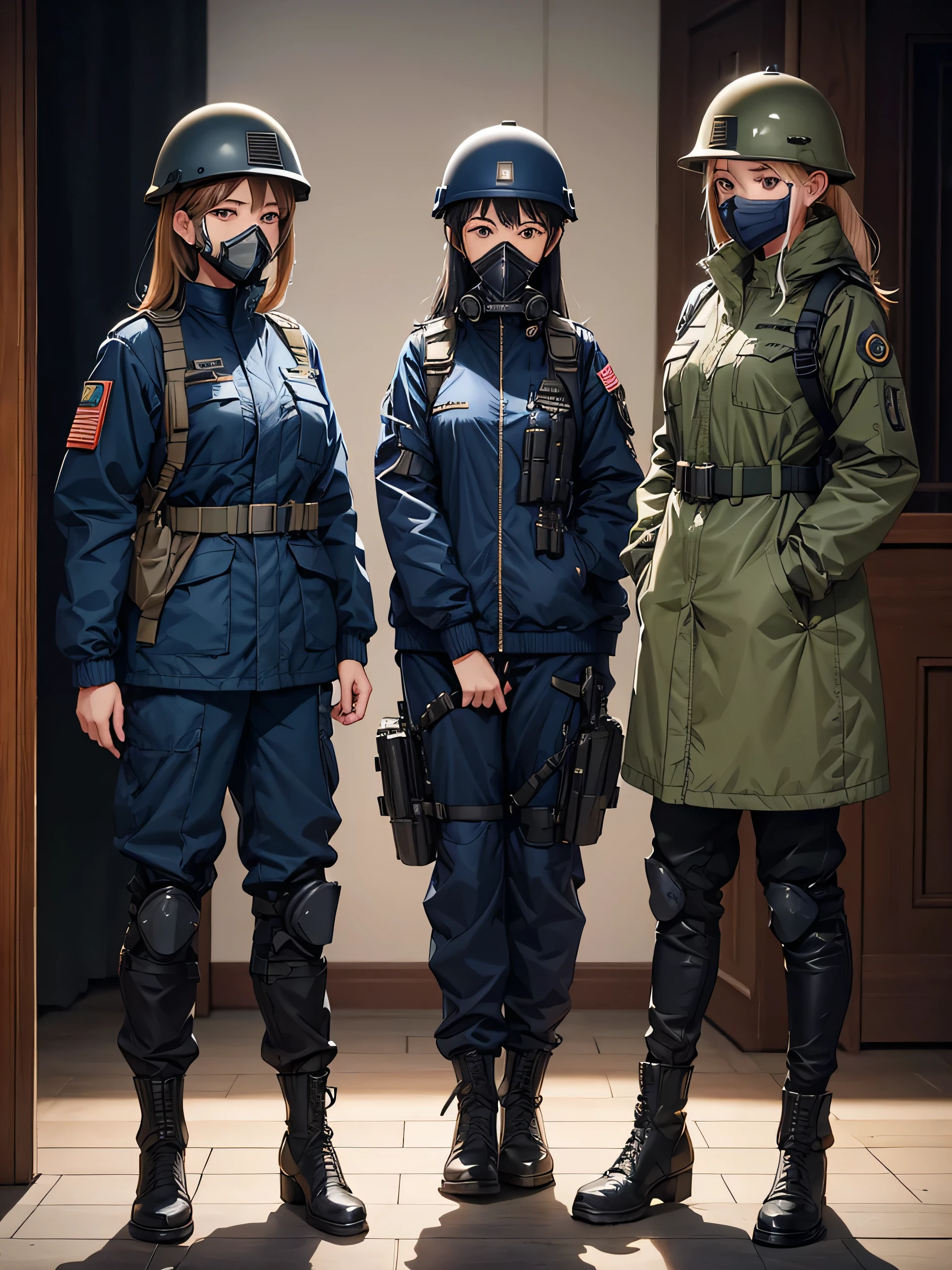 Three female soldiers standing side by side、Standing guard at the front、Wearing navy blue M-51 jacket、Wearing a navy blue helmet、Gas Mask、Military Pants、Write details、masterpiece、best quality、Highly detailed CG、8K picture quality