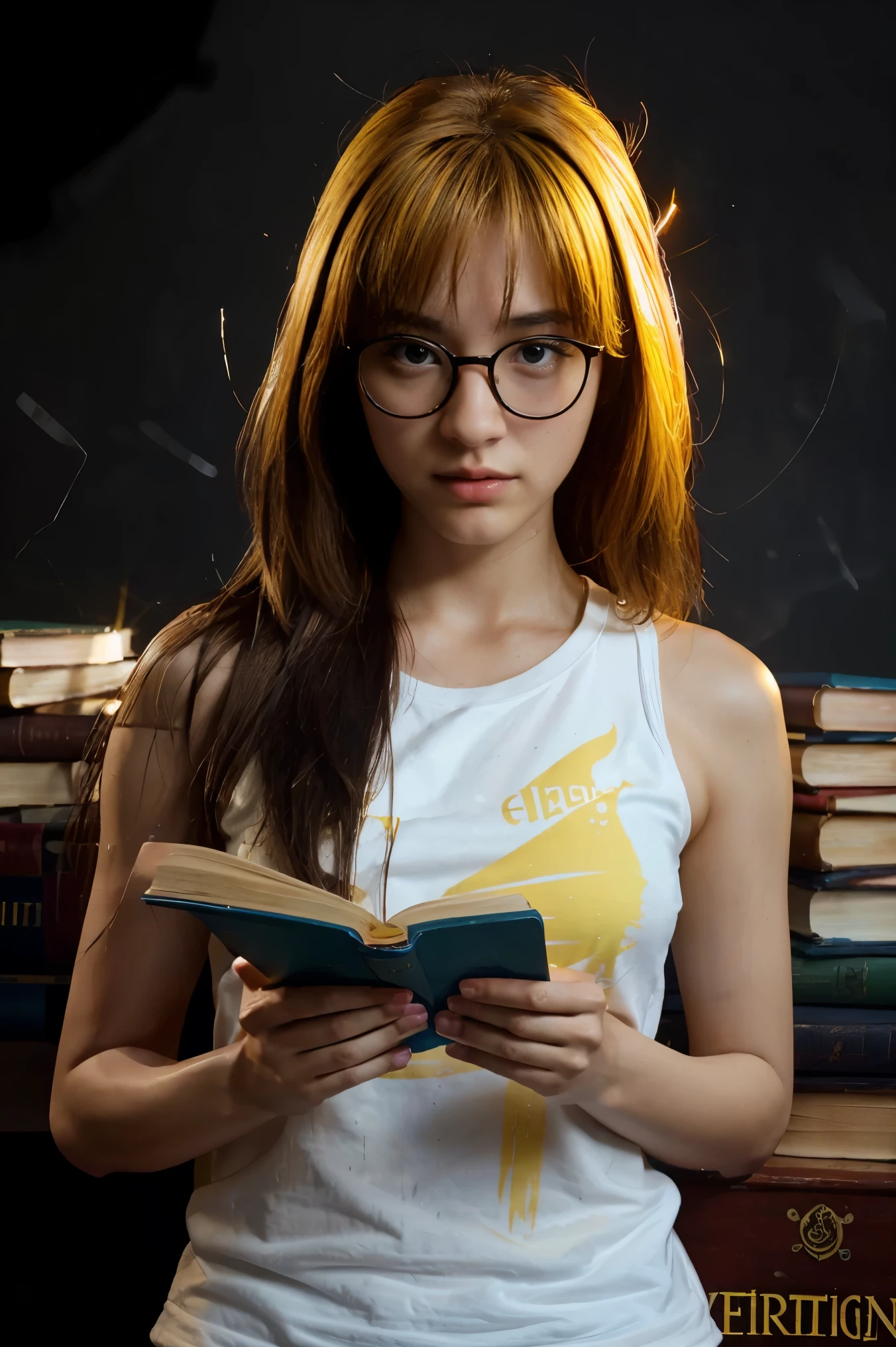 streaked hair, cinematic lighting, best quality, highres, yellow sweat, hand pursem, holding books, nerd, glasses,