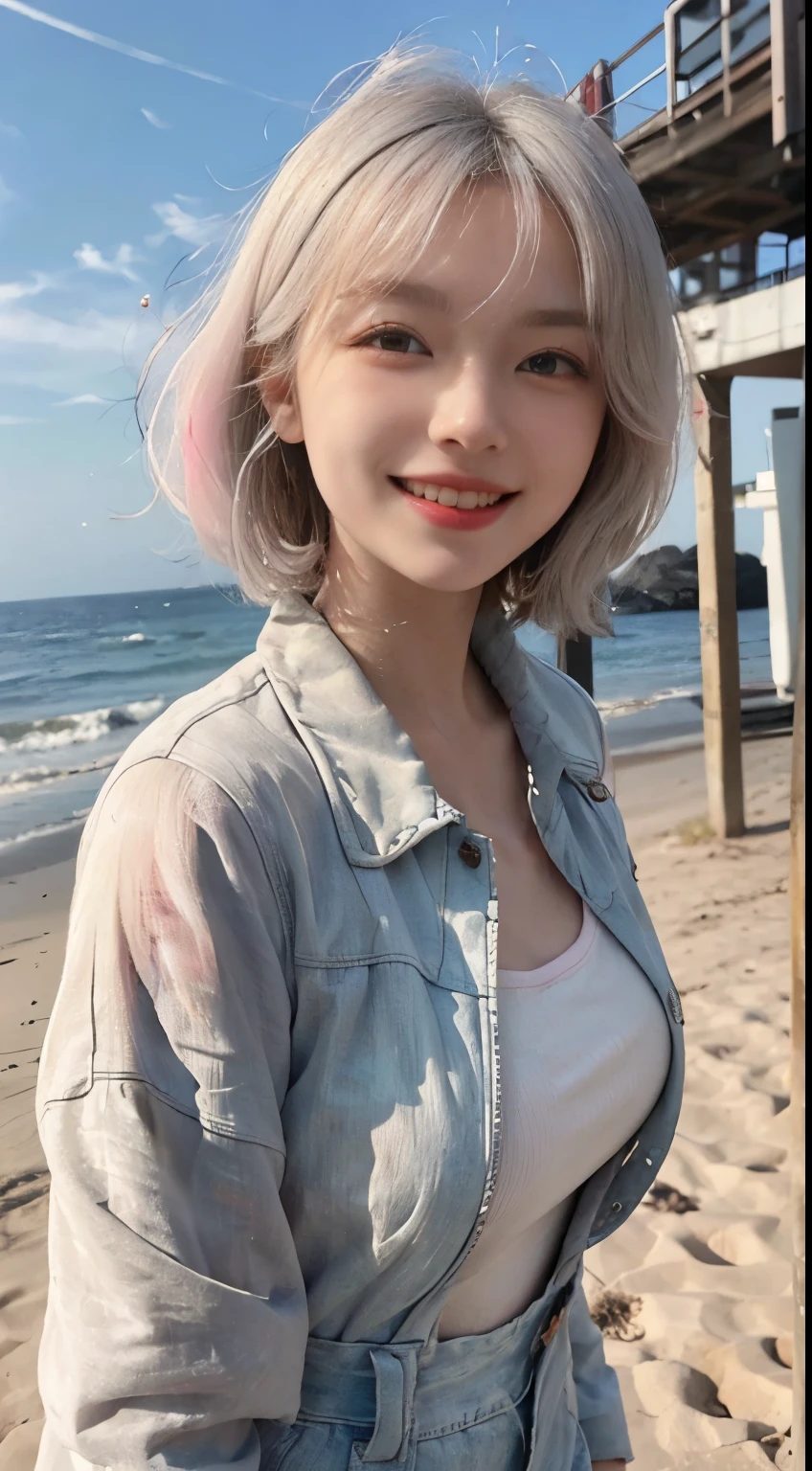 Best image quality、RAW Photos、超A high resolution、21 years old Korean、Small breasts、Dynamic Angle、Cowboy Shot、Chaos in its most beautiful form、elegant、Brutalist Design、Vibrant colors、Beautiful white hair、Short Bob、smile、fun、smile、Glowing White Skin、Beautiful eyes with random colors、Very thin lips、Beautiful eyes in every detail、 Narrow eyes、Cheeks are pale pink、Eyelash length、Beautiful double eyelids、eye shadow、Bright white hair、Overalls、Lightweight see-through jacket、Sandy Beach、null、Shooting from diagonally below、Low Angle、The wind is blowing、Hair fluttering、boost mood、Full body photo