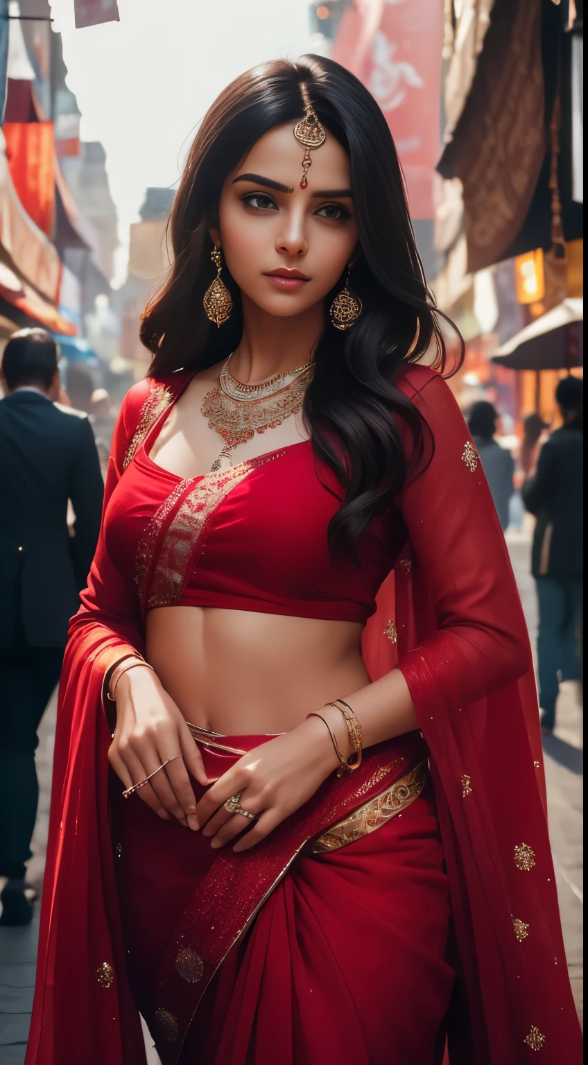 In the bustling streets of a vibrant Indian city, amidst the kaleidoscope of colors and scents, a woman (((Selena Gomez:Emma Watson:0.7))) clad in a vibrant red saree and a black blouse becomes an ethereal sight that captivates all who lay eyes upon her. Her undeniable beauty transcends time and space, leaving onlookers spellbound.

Describe the scene as the woman, with her graceful presence, glides through a crowded marketplace, where merchants and shoppers pause to admire her radiance. The atmosphere is alive with whispers as her mesmerizing allure evokes a sense of awe and admiration.

Embark on a journey to reveal the woman’s story—her name, her background, her passions—and the reasons behind her choice of attire. Explore her persona, intertwining elements of mystery and allure, as people speculate on the secrets hiding behind her enchanting gaze.

Incorporate the sights, sounds, and emotions that surround this extraordinary woman, as she navigates through the city’s vibrant tapestry. Whether it be the scent of freshly ground spices, the distant sound of temple bells, or the intricate henna designs adorning her hands, immerse the reader in the sensory experience of this captivating moment.

As the story unfolds, her path intertwines with that of a curious photographer who becomes determined to capture her undeniable beauty in a single photograph. Describe their encounters, the photographer’s attempts to understand her story, and the profound impact this woman’s presence has on his own life.