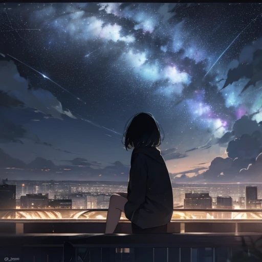 High resolution 8K, Browsing Caution, Bright lighting, Octane, null, star (null), scenery, starry null, night, One girl, night null, alone, Outdoor, sign, building, cloud, milky way, Sitting, wood, Long Hair, city, silhouette, cityscape, Short Bob Hair, Black Hair