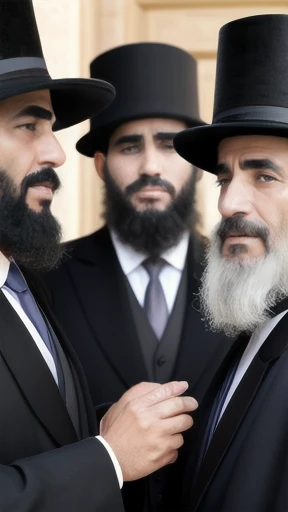 group of haredi men, gathered together, focus on the characters' faces, characters