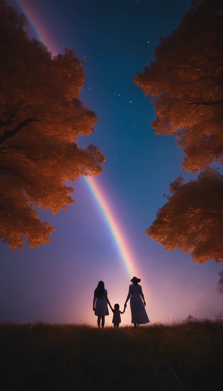 Wide々A landscape photo (Bottom View, There is a sky above、下にはWideい野原がある), Mother and daughter standing in a flower field looking up (full moon: 1,2), (meteor: 0,9), (nebula: 1,3 ), Distant Mountain々 , Alvorez Blake Craft Art, (Warm Light: 1.2), (fire Fly: 1.2), Light, Lots of purple and orange, Intricate details, Volumetric Lighting Break (masterpiece: 1.2), (Better Quality), 4K, Ultra-detailed, (Dynamic Composite: 1.4), Rich details and colors, (Rainbow-colored: 1.2), (Shine, Atmospheric lighting), dreamer, Magic, (alone: 1.2)