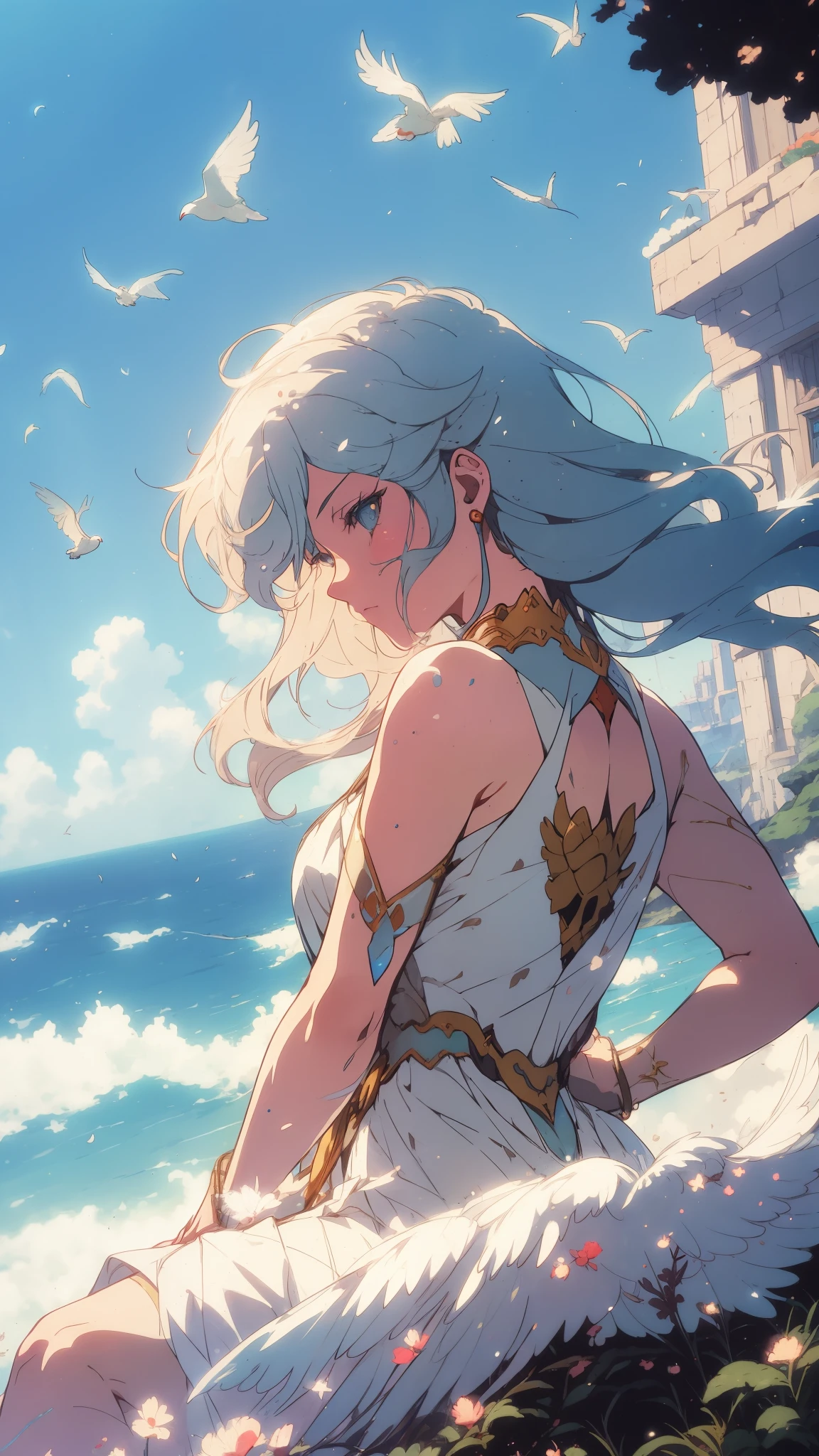 A young woman with flowing, ethereal hair sits serenely on a cliff overlooking a vast, misty ocean. Sunlight bathes her in a soft glow, highlighting the delicate feathers of doves circling around her. Her dress shimmers with an otherworldly metallic sheen, contrasting with the natural beauty of the landscape, style art incorporating elements of Makoto Shinkai, Studio Ghibli, Genshin Impact, James Gilleard, Greg Rutkowski, Chiho Aoshima, golden ratio composition, enhanced with pixiv Fanbox trends, acrylic palette knife textures, golden ratio, trending
