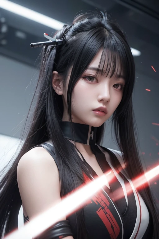 High resolution、8k、Digital Cyberpunk Art、Long black hair、Wearing cyberpunk white and red and samurai armor、Japanese women、Medium chest、In front of countless monitors、(thin sword)