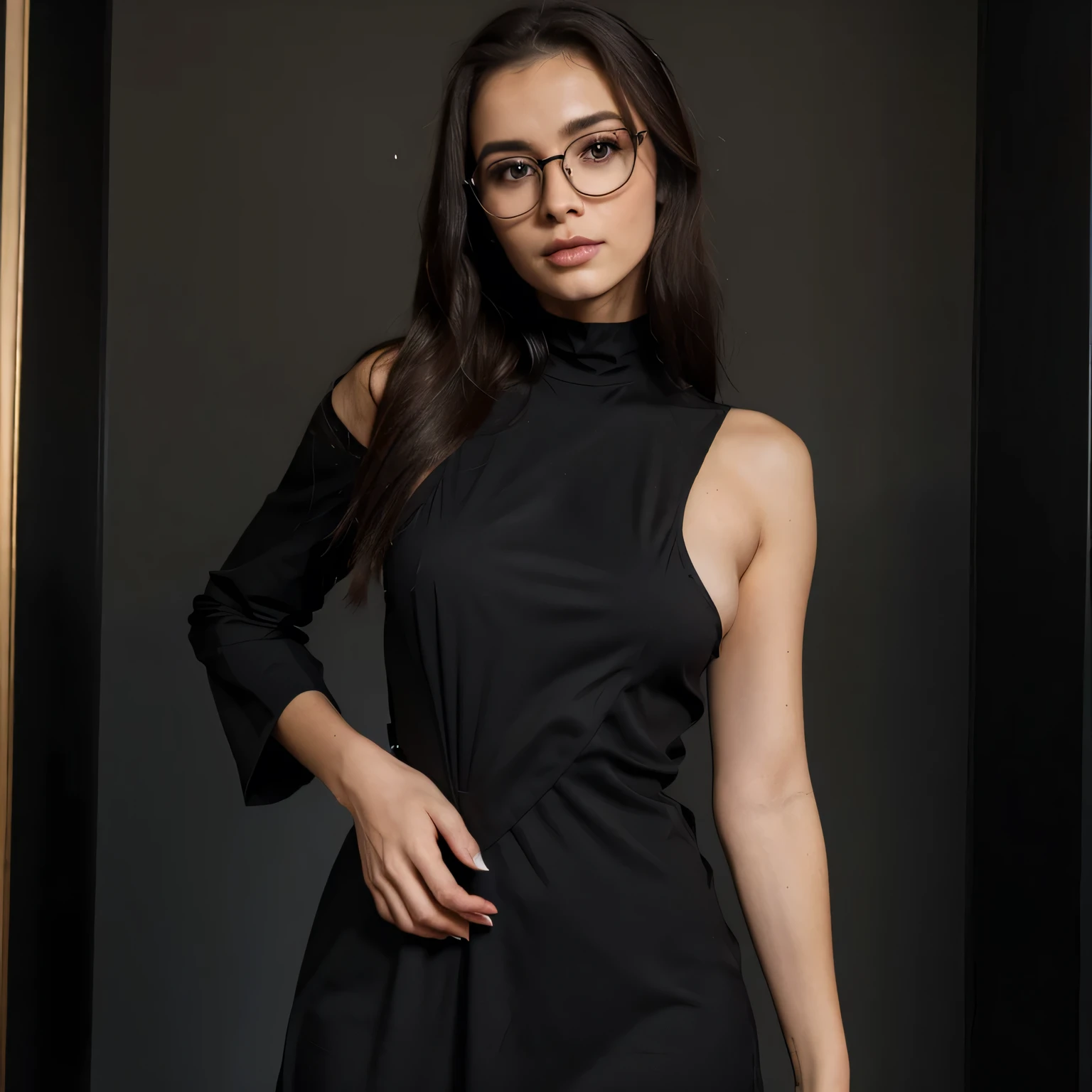 cheveux bruns, Femme, visage parfait, sexy, porter des lunettes noires ordinaires, wears a very sexy open black dress