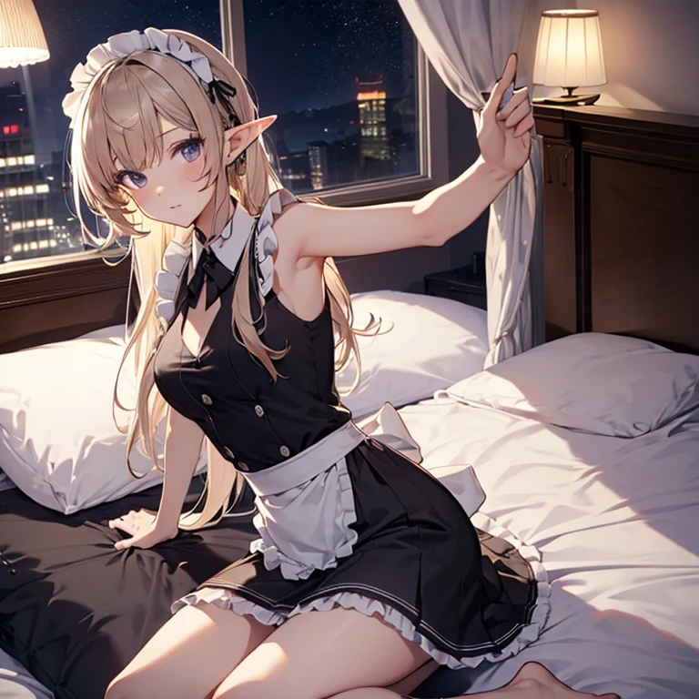 A maids, (in bedroom), various hair styles, night, details face, short skirt, seducing, sleeveless, maid uniform, armpits, elf, lay on bed
