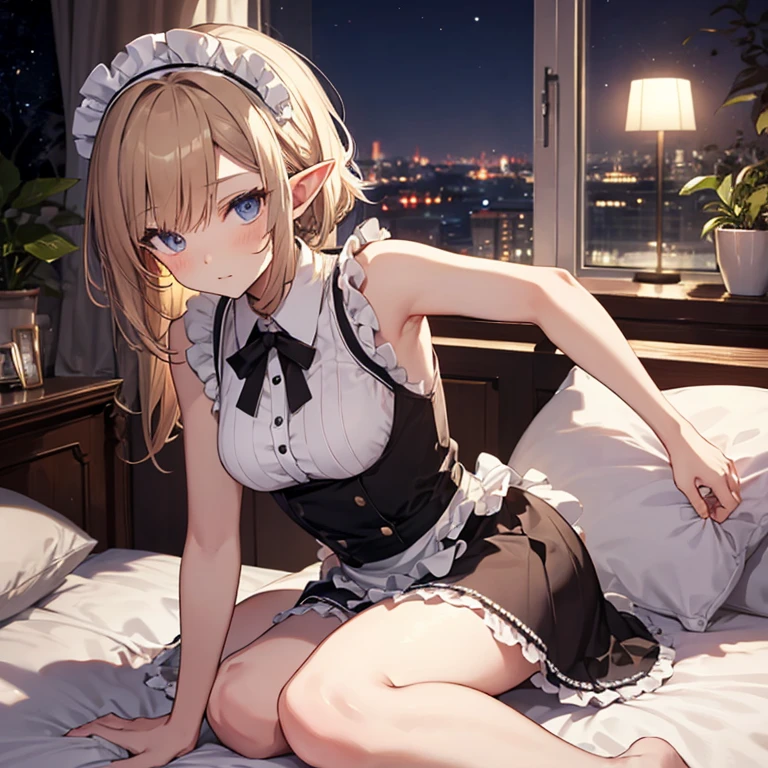 A maids, (in bedroom), various hair styles, night, details face, short skirt, seducing, sleeveless, maid uniform, armpits, elf, lay on bed