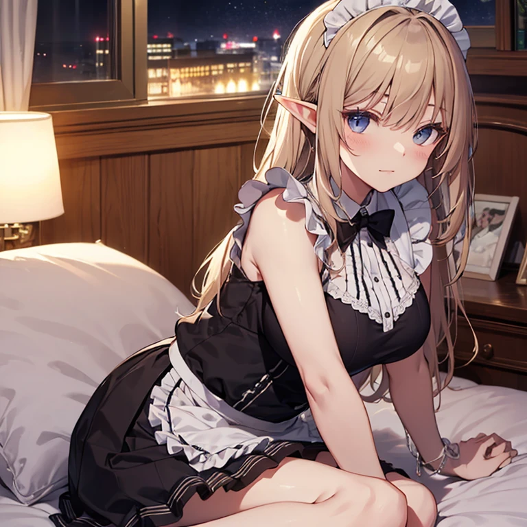 A maids, (in bedroom), various hair styles, night, details face, short skirt, seducing, sleeveless, maid uniform, armpits, elf, lay on bed