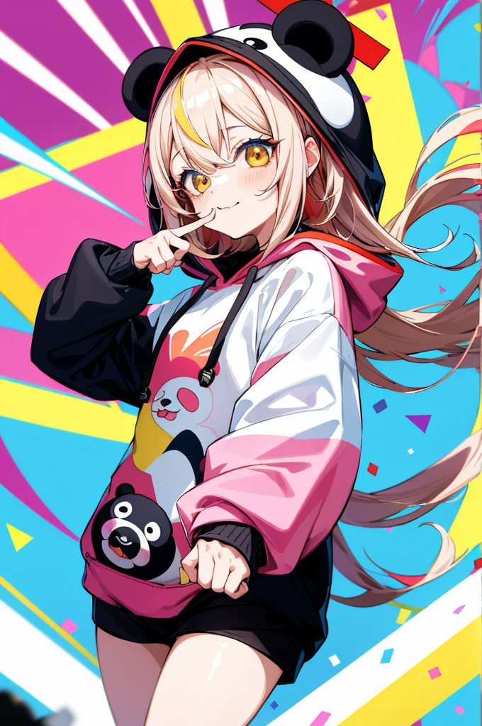 (Anime girls wear red and black hoodies, white, pink, yellow, Blue confetti on the bonnet, Cute cartoon design style, Electrical color scheme, Dark white and dark bronze, Vibrant color scheme, Happy Expressionism, 20mp, Dynocore), (Anime panda girl in a hoodie is signing autographs for the camera, Colorful mosaic style, Nightcore, Hard Edge Painting, Extending the pattern, Flicker, Cute and colorful, close), (As tiny confetti falls、Girl showing index and middle fingers, In a cute art style, Philip Pantone, Nightcore, Van Schilling, Vibrant color scheme, Dark white and dark bronze, High Vision Ministry of Defense), (A girl in a panda hoodie makes a funny face, Colorful palette style, Nightcore, Van Schilling, zigzag, UHD Images, Aztec art, Shiny)