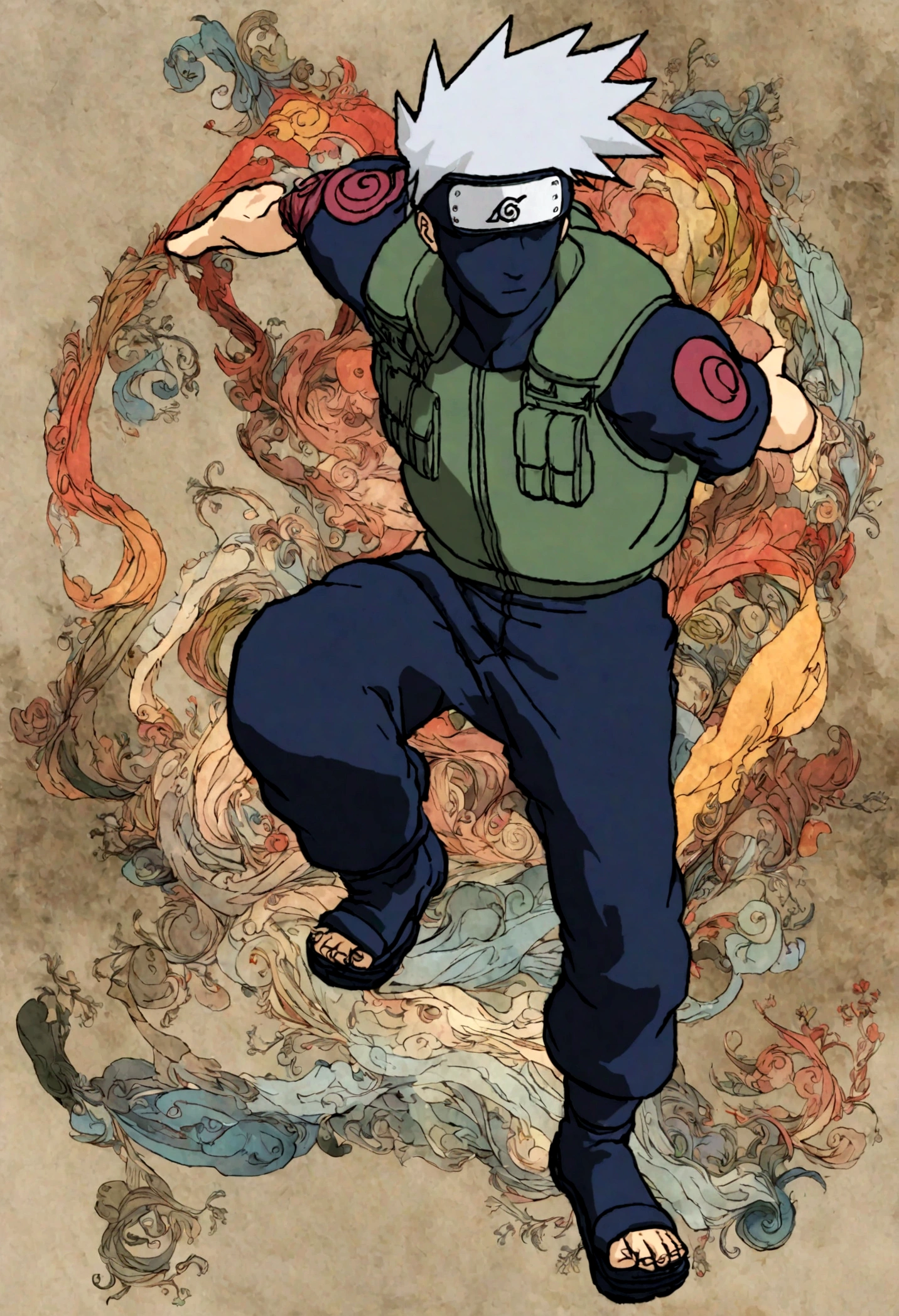 (1 middle-aged male,Kakashi,Gray Hair,alone,comics『Naruto』character,,Use of magic,Fighting Style,Sarcastic smile,Magical Effects,Enjoy the fight,Moderately dirty,tattoo,Forehead protector,A fusion of abstract and digital art,Dynamically,Perfect composition,Anatomically correct,,Intricate details,Wide range of colors,artwork,rendering,,(highest quality:1.4),(Very detailed:1.5),High resolution,Very detailed,unity 8k wallpaper,Intricate details,Carefully draw down to the smallest detail,Draw artistic background,Yin and Yang,Five elements,ninjutsu,