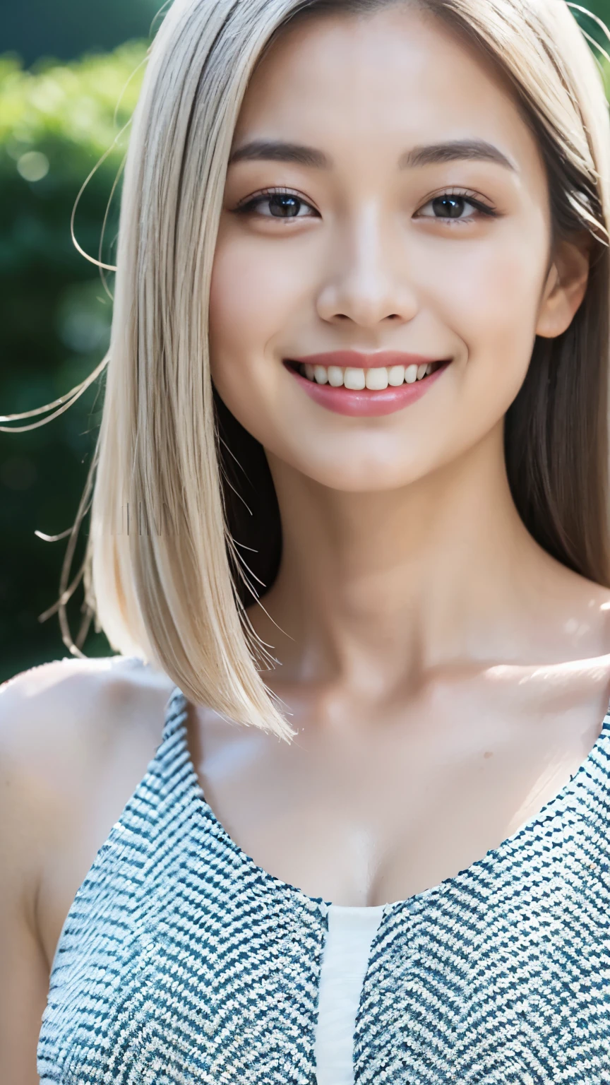 (top-quality、8K、masterpiece)、1 girl in、beautfull Japanease woman、Beautiful Women in Perfect Style:1.4、finerly detailed face、a blond、makeup、Underwear、A smile、shorth hair、Sexy dresses