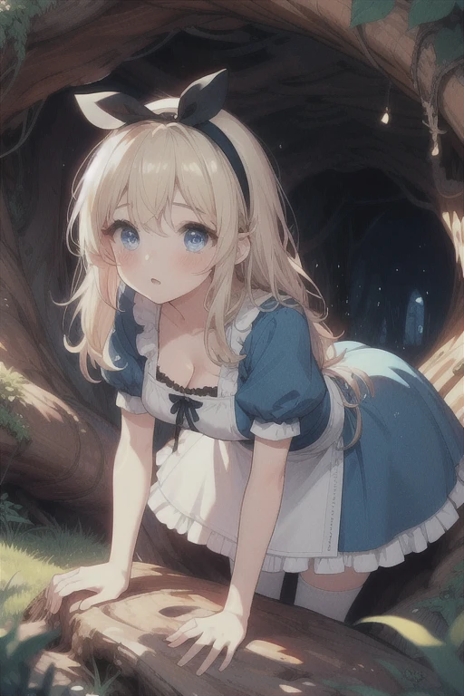 (((masterpiece))), (((best quality))), (((on stomach))), ((hip lifted)), ((tree hole)), ((tree cave)), ((leaning forward)), ((head down)), ((all fours)), alice costume, blonde hair, long hair, black hairband, puff short sleeves, blue eyes, blue dress, white apron, white thighhighs, black mary janes, sweat, parted lips, grass, flower,  mushroom, solo, 1girl, cleavage, big , shy, blush, slim figure, 