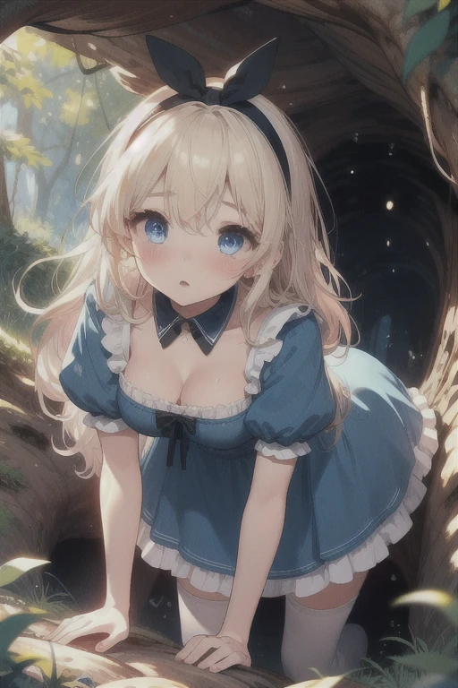 (((masterpiece))), (((best quality))), (((on stomach))), ((hip lifted)), ((tree hole)), ((tree cave)), ((leaning forward)), ((head down)), ((all fours)), alice costume, blonde hair, long hair, black hairband, puff short sleeves, blue eyes, blue dress, white apron, white thighhighs, black mary janes, sweat, parted lips, grass, flower,  mushroom, solo, 1girl, cleavage, big , shy, blush, slim figure, 