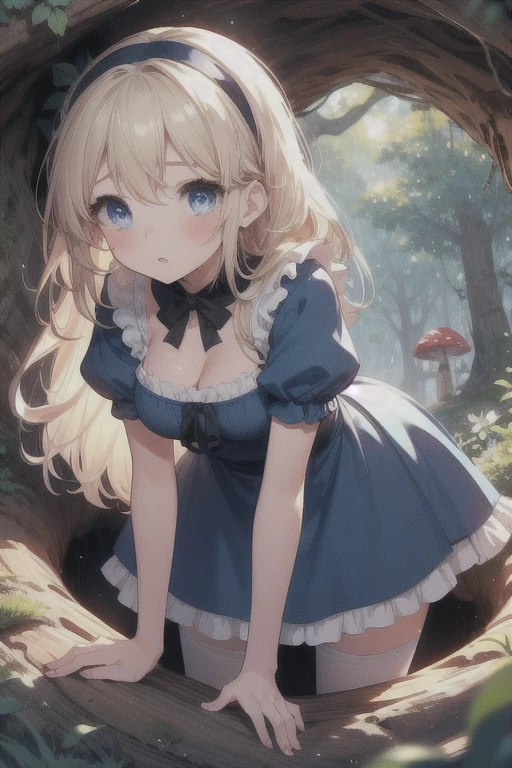 (((masterpiece))), (((best quality))), (((on stomach))), ((hip lifted)), ((tree hole)), ((tree cave)), ((leaning forward)), ((head down)), ((all fours)), alice costume, blonde hair, long hair, black hairband, puff short sleeves, blue eyes, blue dress, white apron, white thighhighs, black mary janes, sweat, parted lips, grass, flower,  mushroom, solo, 1girl, cleavage, big , shy, blush, slim figure, 