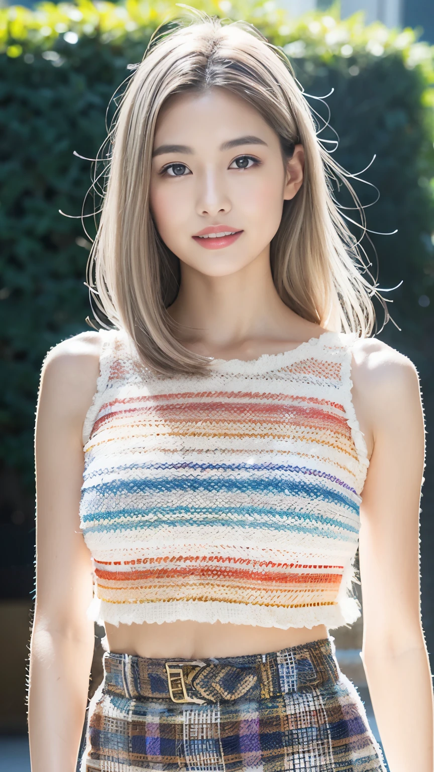 Japanese Girls、abroad、(（highest quality，masterpiece，超A high resolution）)，（Realistic：1.4），1 girl，Head to Knee，Dynamic posture，Adult face，slim，thin、(smile)，（Shiny skin），（overview，frontage，Twilight），Gray Hair，Long white hair，Rainbow Eyes，Large Breasts，Top Fashion，mini skirt)，(Clear Eyes)，(Beautiful nose)，(Transparent lips)，(Fair skin)，(Ultra-realistic woven texture)