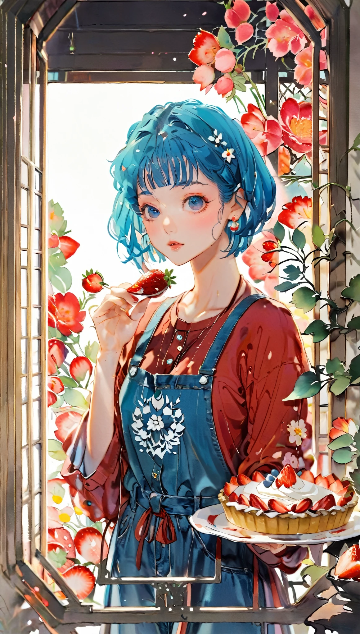 (((paper cutting style))), 1 girl, blue hair, curry short hair, portfolio, shirts, denim, strawberry pie