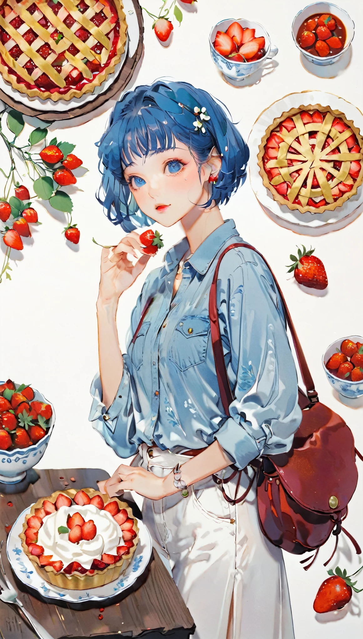 (((paper cutting style))), 1 girl, blue hair, curry short hair, portfolio, shirts, denim, strawberry pie