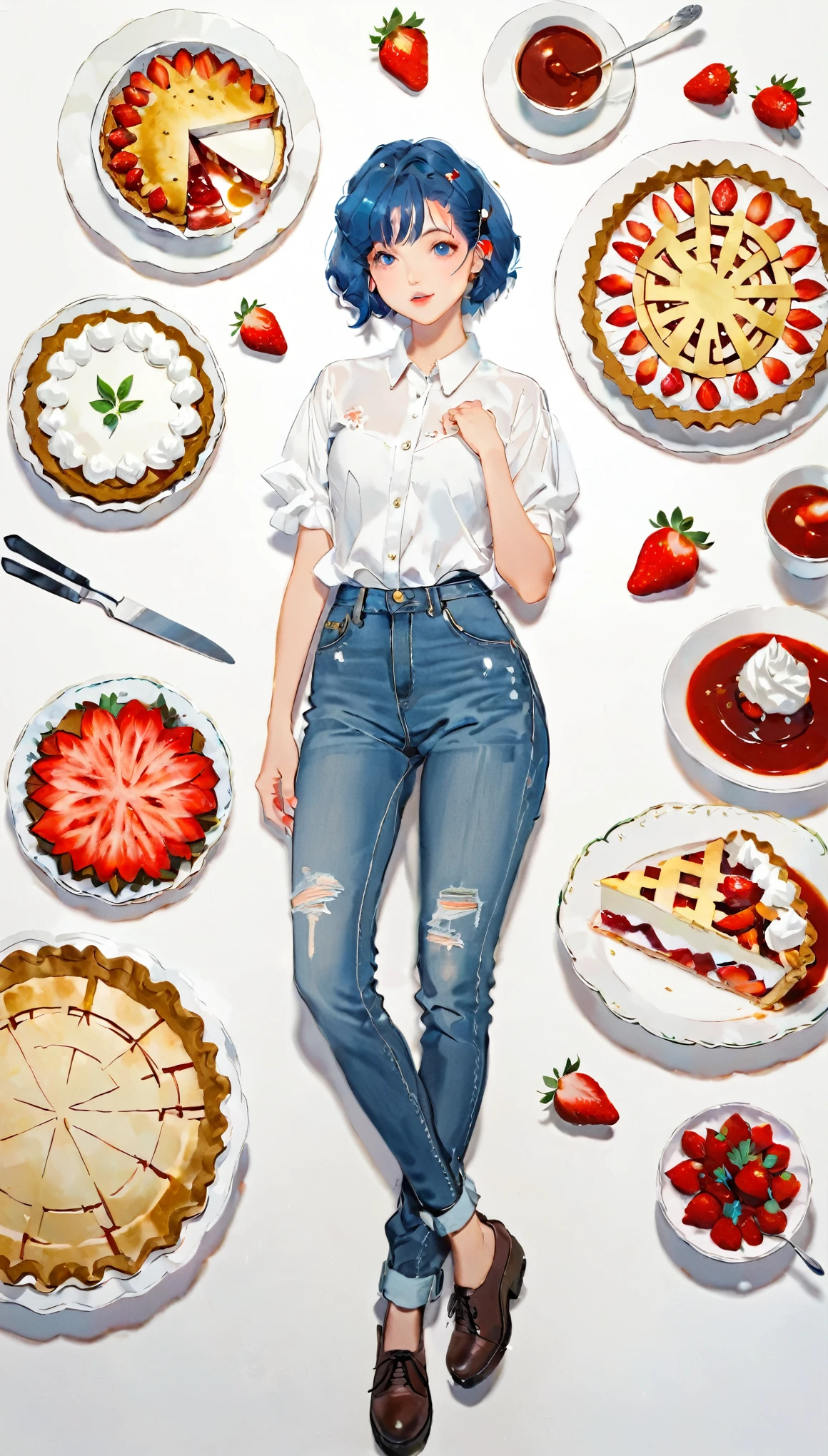 (((paper cutting style))), 1 girl, blue hair, curry short hair, portfolio, shirts, denim, strawberry pie