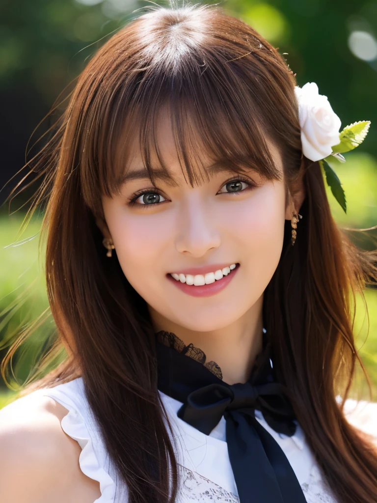 (Realistic, photo-Realistic:1.37), Incredibly absurd, (Very detailed:1.3), 8k, (masterpiece), (highest quality:1.4), (Ultra-high resolution:1.2), (RAW Photos:1.2), Very detailed background, (unity 8k wallpaper), 1 nogizaka girl, very cute, bishojo,  years, (Gothic Lolita Fashion), Exquisitely drawn beautiful faces, eyes and skin, Detailed black shiny hair, Elegant frills, Frilled tie, Ribbon tie, Rose Hair Accessories, Delicate lace dress, Soft fabric, Beautiful rose pattern, Smiling for the camera, Cowboy Shot, European castle landscape, Professional Lighting