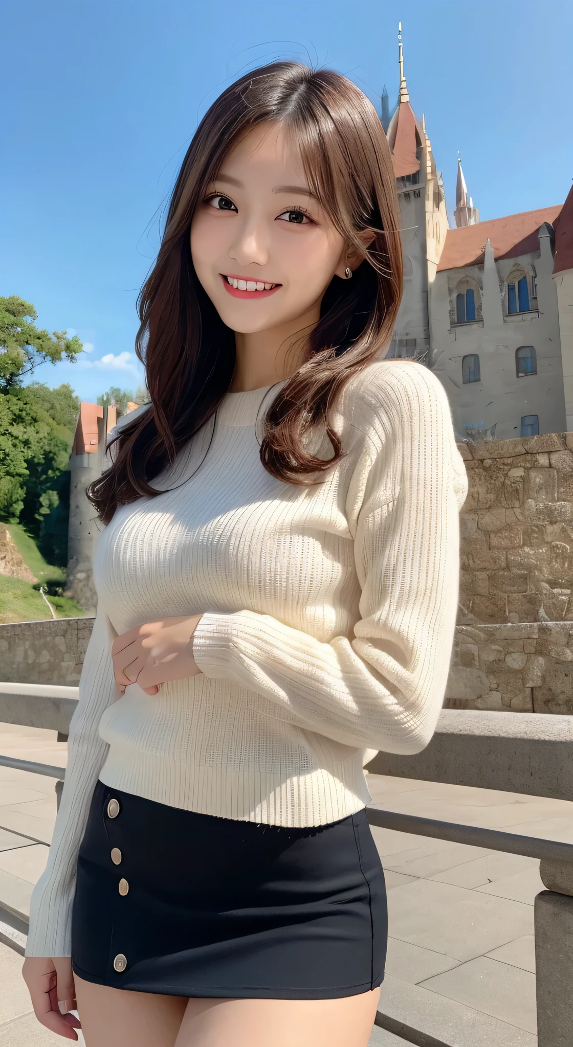 highest quality, Very detailed, finely, High resolution, 8k wallpaper, mini skirt,Castle ,one piece, Blonde,Natural color lip, Random sexy poses,smile,Beautiful teeth,