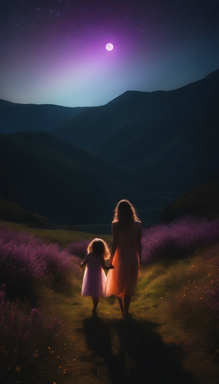 Wide々A landscape photo (Bottom View, There is a sky above、下にはWideい野原がある), Mother and daughter standing in a flower field looking up (full moon: 1,2), (meteor: 0,9), (nebula: 1,3 ), Distant Mountain々 , Alvorez Blake Craft Art, (Warm Light: 1.2), (fire Fly: 1.2), Light, Lots of purple and orange, Intricate details, Volumetric Lighting Break (masterpiece: 1.2), (Better Quality), 4K, Ultra-detailed, (Dynamic Composite: 1.4), Rich details and colors, (Rainbow-colored: 1.2), (Shine, Atmospheric lighting), dreamer, Magic, (alone: 1.2)