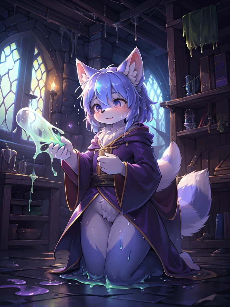 Hallucination, daydream , Fear , bokeh , hairy fur , apparitions and racoon dog girl , what a wonderful fantasy world , messy magician's robe , inside haunted dungeon , Slime attacks , Slime sticks , splash slime