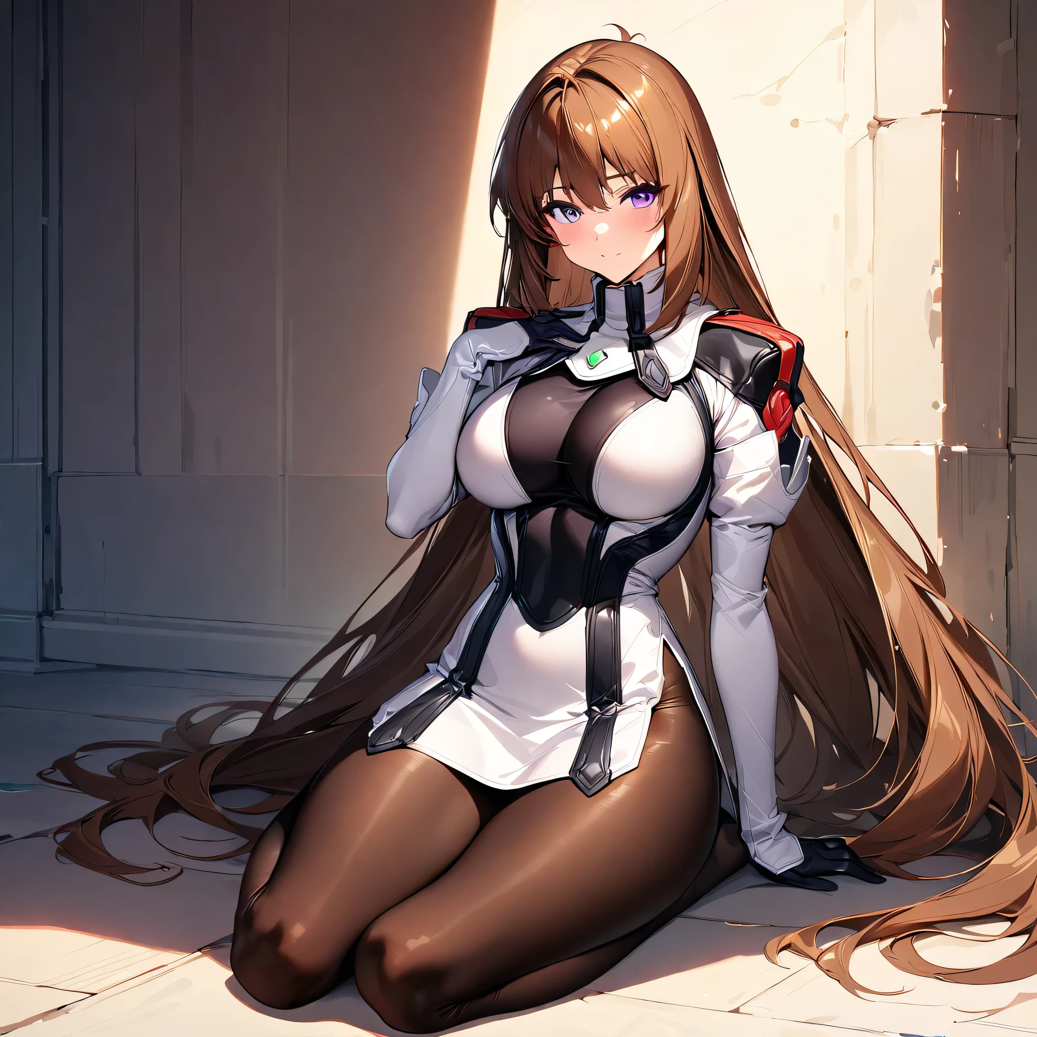 (masterpiece),(best quality),(ultra-detailed),(best illustration),(best shadow),(absurdres),(detailed background),(very aesthetic), elhaym_van_houten, brown hair, purple eyes, very long hair, originaloutfit, pantyhose, long hair, gloves, uniform, large breasts, dress, 