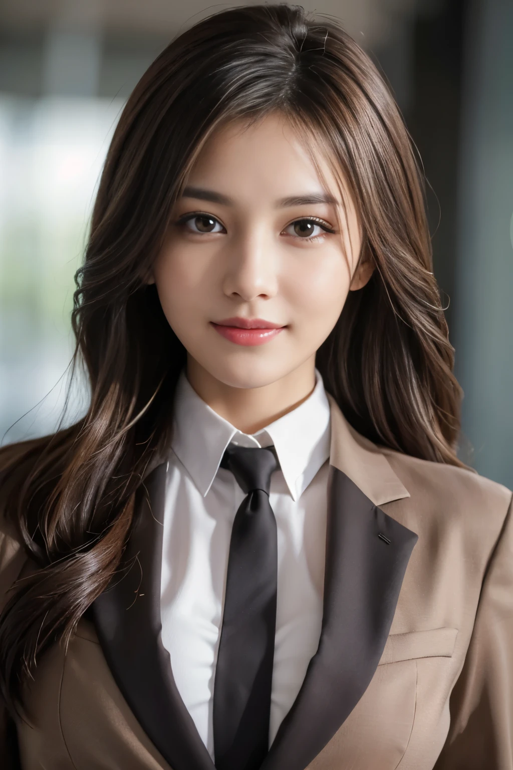 Tabletop, highest quality, Realistic, Super detailed, In detail, High resolution, 8k wallpaper, 1. Beautiful Women,, Light brown messy hair, Wearing a business suit, Sharp focus, Perfect dynamic composition, Beautiful fine details, Fine hair, Detailed and realistic skin texture, smile, Close-up portrait, Model Body Type