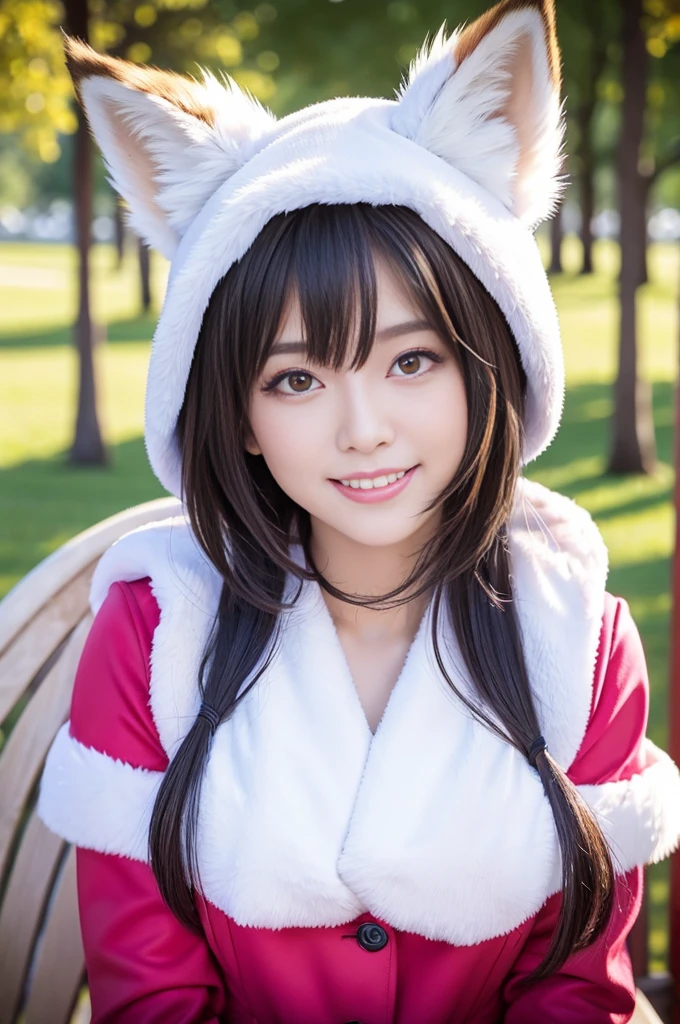 ultra sexy female, (-anime), only 1 female, very short hair, beautiful smile, lipgloss, long lashes, defined eyebrows, detailed anime cosplay, fluffy fur outfit, cosplay accessoires, headpiece, vivid colors, look at the camera, cinematic light, large park background with trees, sweet and sexy pose