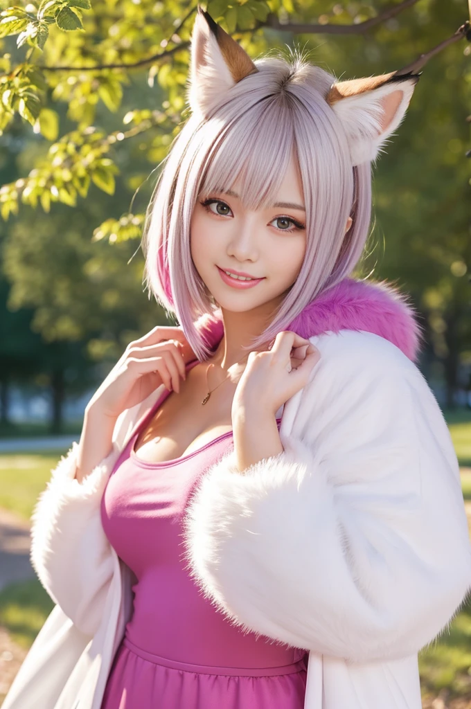 ultra sexy Swedish model, (-anime), only 1 female, very short hair, beautiful smile, lip-gloss, long lashes, defined eyebrows, fluffy fur fox cosplay, fluffy fur vivid colors outfit, fox cosplay accessoires, fox ears, vivid colors, look at the camera, cinematic light, large park background with trees, sweet and sexy pose