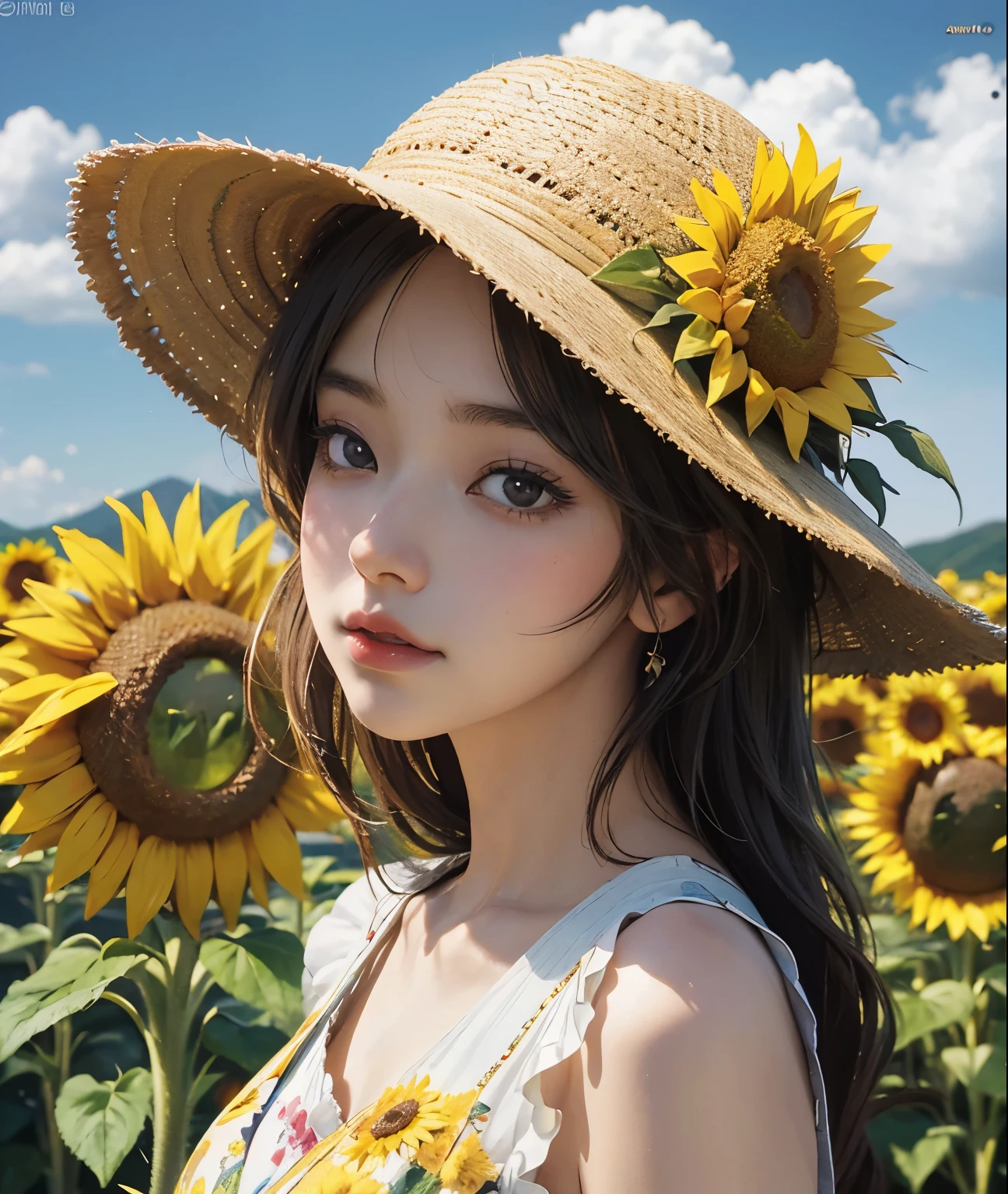 anime girl in a Sunflower field with a hat and sunflowers, Beautiful sunflower anime girl, scene: Sunflower field, scene : Sunflower field, Anime Style 4 k, 4k anime wallpaper, Gweiz-style artwork, Artjam and Athi Gairan, Anime Style. 8k, Gweitz masterpiece, Landscapes by Ilya Kuvshinov