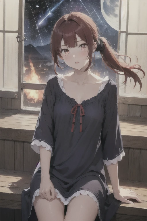 1 girl, Redhead, Twin tails,Long Hair、 Facial hair stripes, Red eyes, Impact, RAW Photos, 8k, masterpiece, (Girl floating on window sill, A girl is floating outside the window), (Looking through an open window, Look at the camera), (alone), ((Dark atmosphere, full moon)), ((Night sky background:1.5)), medieval house, Medieval windows, (Wearing a nightdress, Torn clothes, Scorched clothing:1.5), ((長くてボサボサのRedhead)),  