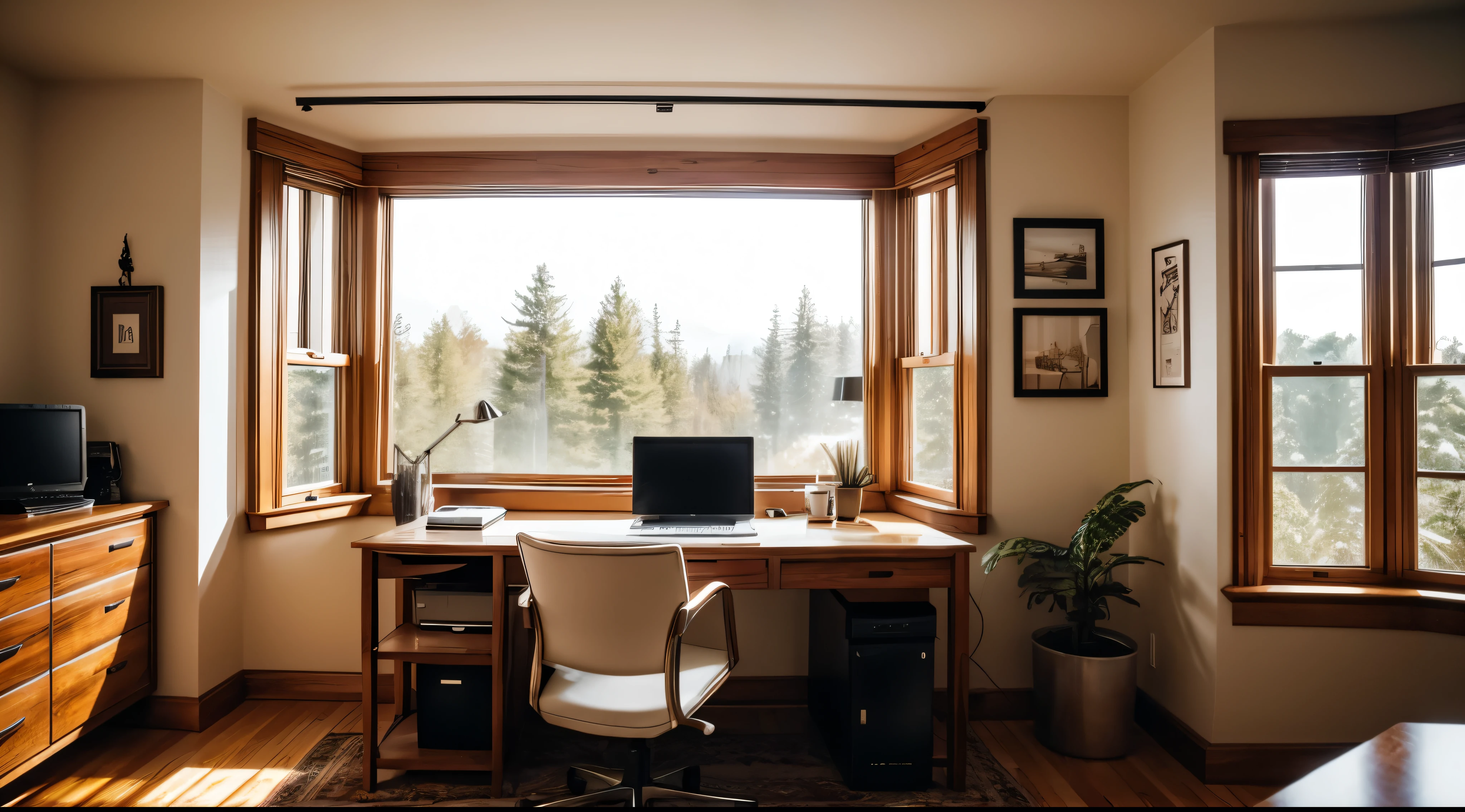 cozy home office setup with a laptop, coffee mug, and large window with natural light, 4K resolution, warm preset, cozy style, medium contrast