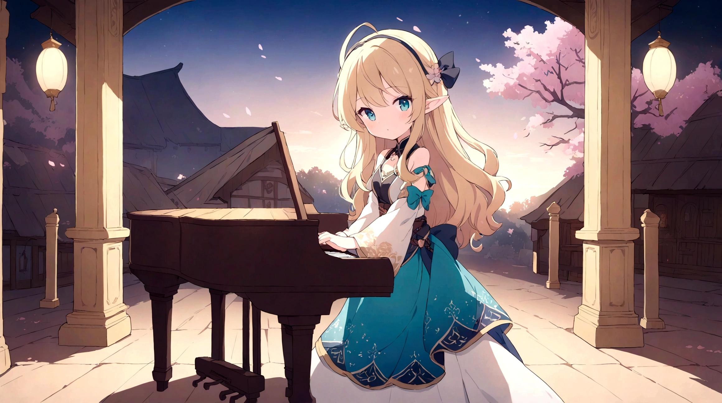 Pastel watercolor painting, fantasy game world view, medieval European outdoor tavern, soft light, wooden counter, cute, adorable, animation style, relaxing atmosphere, dreamland, beautiful female elf playing wooden piano, blonde hair, night atmosphere, flying sparks, beautiful face, 8k, high resolution, ultra high quality, clear lines, animation style, Create an anime-style image of a beautiful young woman with long, wavy blonde hair adorned with cherry blossoms. She should be standing in a scenic background filled with blooming cherry blossoms and softly glowing lanterns at dusk. The atmosphere should be romantic and serene, with warm lighting. The woman should be facing forward, looking directly at the viewer with a gentle, calm expression. Her outfit should be elegant and delicate, complementing the overall dreamy and ethereal feel of the scene.