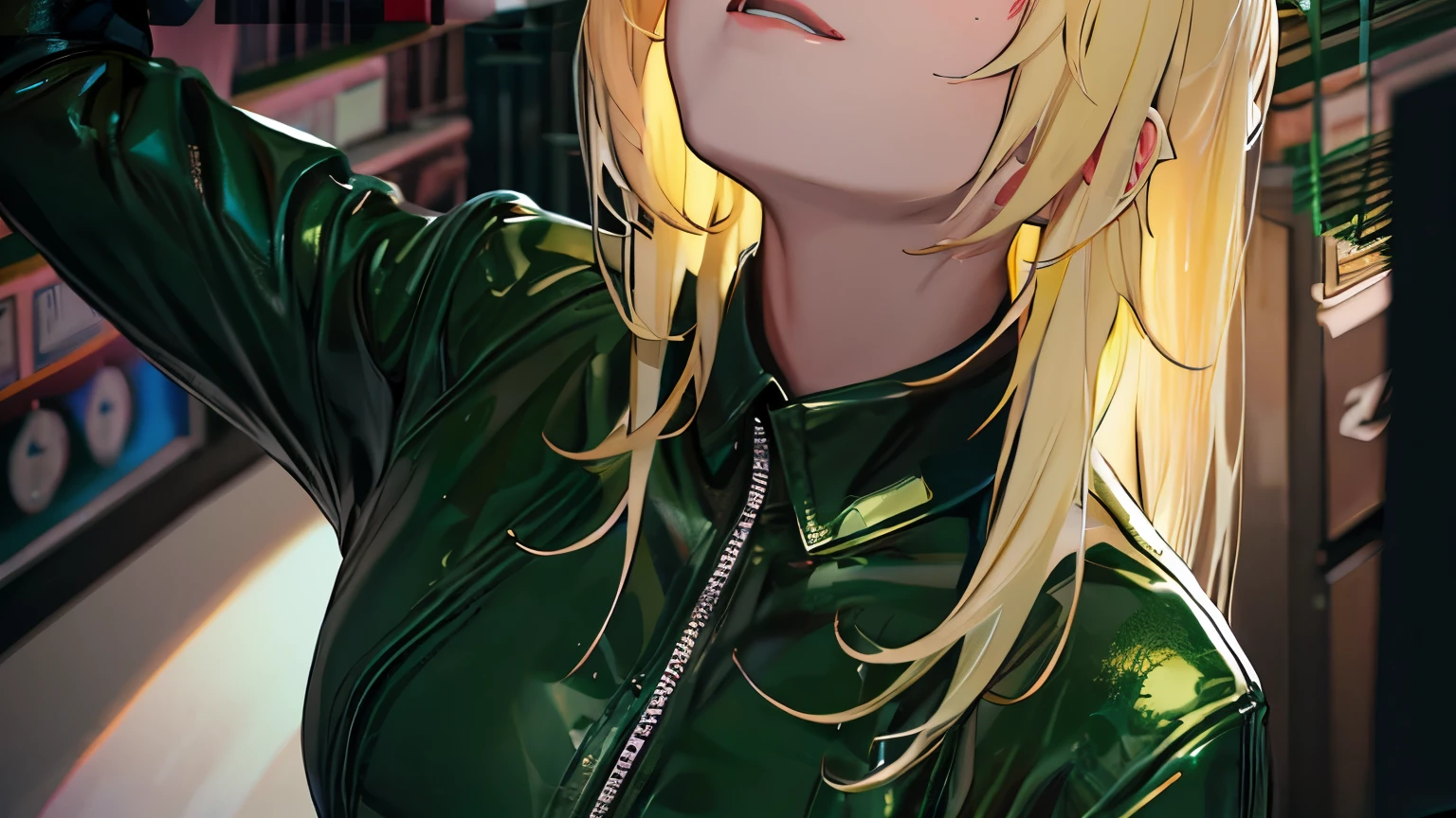 Black Tears、Korean、1 girl、blonde、amount、Green Leather Shirt、Raise your collar、Look up、