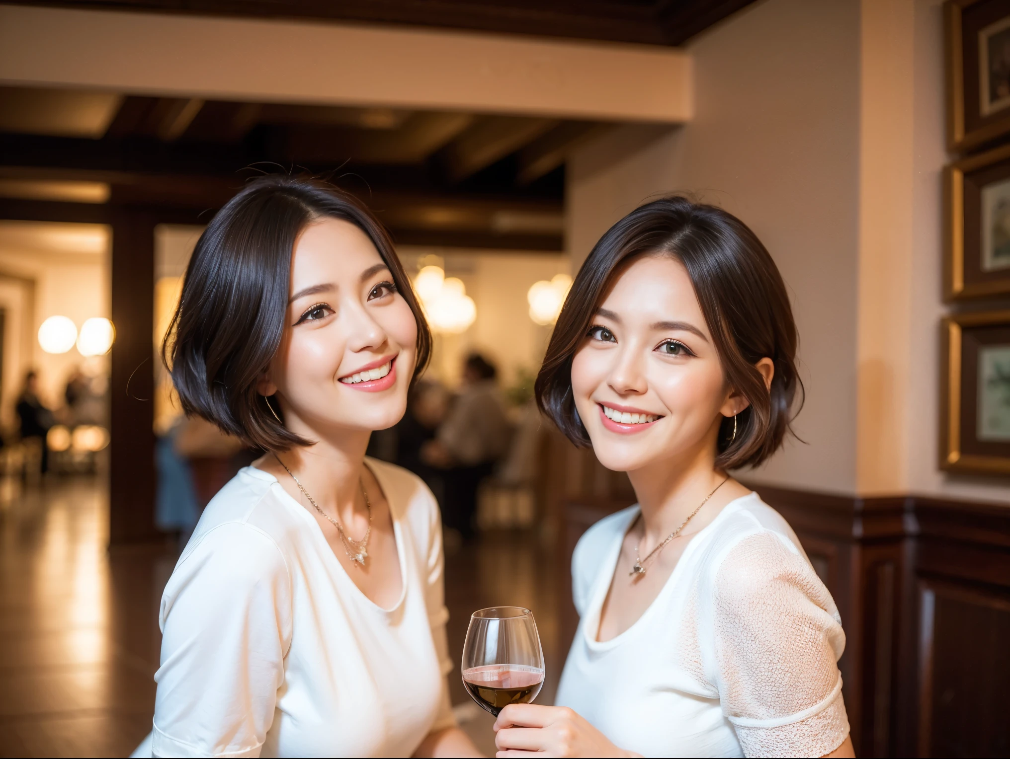 (K UHD、Hmph、highest quality、masterpiece:1.2)、(Realistic、Photorealistic:1.37)、Ultra-detailed、wine glass、Enjoying wine、Japanese women、((Two beautiful women))、(very short brown hair)、(shortcut)、笑顔のJapanese women、幸せなJapanese women、cheeks turn a little red、(Age 34)、red wine、窓の外には美しく緻密なnight景が広がります..、restaurant、wine glassは目立つ場所に、night、(From the waist up)、Sit on、date、(Laughter:1.15)、Beautiful fine details、Short sleeve formal dress、Short sleeve dress、Japanese、(short hair:1.2)、Float NovaFrogStyle、Modeled、From the waist up、White wine、wine glass、超きれいなnight景、wine glassは真ん中に置いて、Smile、(8k、Raw photo、highest quality、masterpiece:1.2)、(Realistic、Photorealistic:1.37)、Ultra-detailed、超A high resolution、2 women、Seeing the viewer、Beautifully detailed face、Laughter、narrow、necklace、jewelry、Beautifully detailed skin、Skin Texture、Floated hair、Standard body shape、D cup breasts、Kind eyes