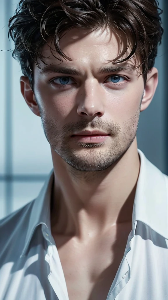 Jamie dornan, masterpiece, best quality, Ultra-fine images, Perfect facial features, Surrealism, Damaged close-up, Porcelain face cracked, empty sound expression, shattered glass, Porcelain fragments, masterpiece, best quality, Ultra-fine images, Perfect facial features, Surrealism, Damaged close-up, Porcelain face cracked, empty sound expression, shattered glass, Porcelain fragments,