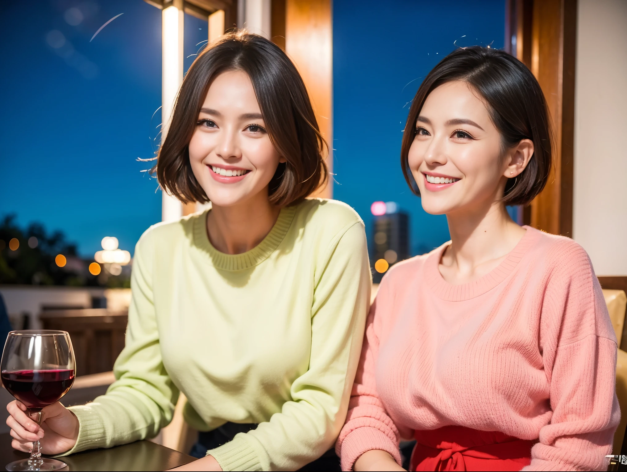 (K UHD、Hmph、highest quality、masterpiece:1.2)、(Realistic、Photorealistic:1.37)、Ultra-detailed、wine glass、Enjoying wine、Mature Woman、((Two beautiful women))、(Slime-ifiedな顔)、(Slime-ifiedなボティ)、（Muscular Hair）、(shortcut)、Smiling Japanese woman、Happy Japanese woman、cheeks turn a little red、(Age 34)、red wine、窓の外には美しく緻密なnight景が広がります..、restaurant、wine glassは目立つ場所に、night、(From the waist up)、Sit on、date、(Laughter:1.15)、Beautiful fine details、Cashmere sweater、Long sleeve dress、Japanese、(short hair:1.2)、Float NovaFrogStyle、、Modeled、From the waist up、White wine、Slime-ified、wine glass、超きれいなnight景、wine glassは真ん中に置いて、Smile、(8k、Raw photo、highest quality、masterpiece:1.2)、(Realistic、Photorealistic:1.37)、Ultra-detailed、超A high resolution、2 women、Seeing the viewer、Beautifully detailed face、Laughter、narrow、(細いSlime-ifiedなウェスト) :1.3)、Knit shirt、Beautifully detailed skin、Skin Texture、Floated hair、Professional Light Needle Breast、Kind eyes