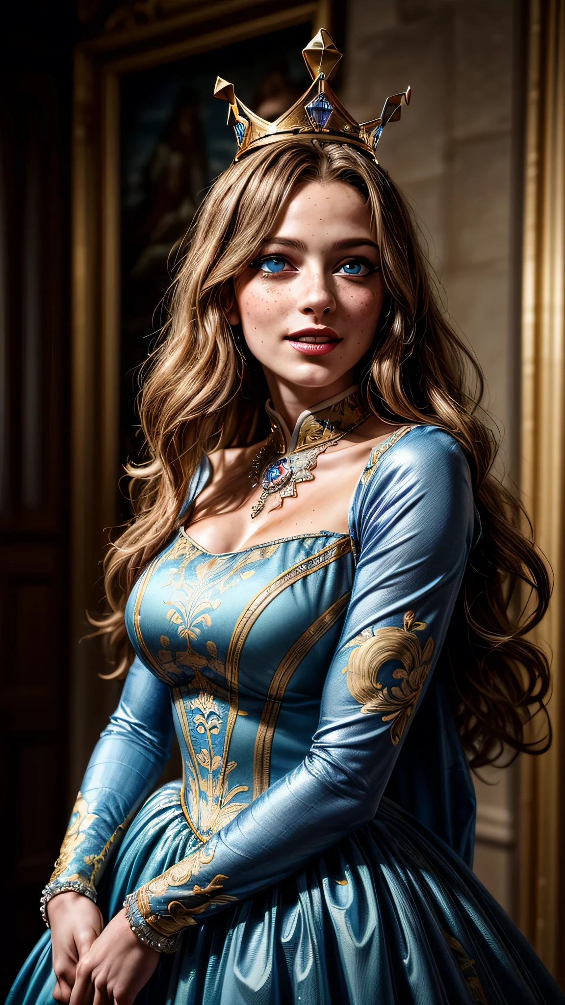 ((best quality: 1.5)) ((masterpiece)), intricate details, sharp focus, professional, real life, realistic representation of the face, dynamic pose, in the style of realistic and hyper detailed renderings BREAK ((detailed (((athletic, (suntan, (blue gold chinoiserie renaissance ball gown, (queen, crown, jewels))), blackout eye makeup: 0.4, [skin detail:freckles:0.7], iceblue eyes), long curly hair [bright ginger hair:blond hair:0.7], smiling, shadows, red lipstick, outdoors, faraway castle)), professional lighting, photon mapping, radiosity, physically based rendering, ultra resolution, hyper-realistic)), photorealistic, hyper-realistic, 8K
