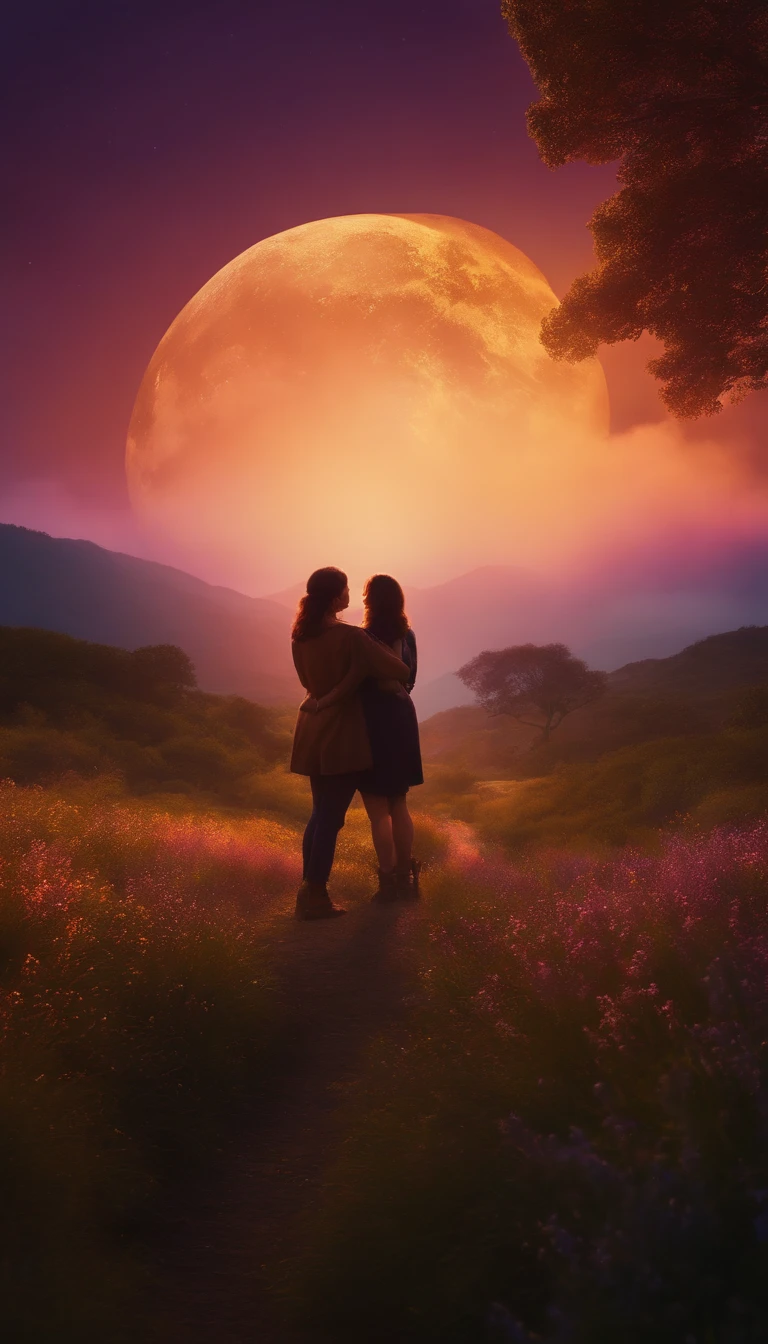 Wide々A landscape photo (Bottom View, There is a sky above、下にはWideい野原がある), Mother and daughter standing in a flower field looking up (full moon: 1,2), (meteor: 0,9), (nebula: 1,3 ), Distant Mountain々 , Alvorez Blake Craft Art, (Warm Light: 1.2), (fire Fly: 1.2), Light, Lots of purple and orange, Intricate details, Volumetric Lighting Break (masterpiece: 1.2), (Better Quality), 4K, Ultra-detailed, (Dynamic Composite: 1.4), Rich details and colors, (Rainbow-colored: 1.2), (Shine, Atmospheric lighting), dreamer, Magic, (alone: 1.2)men and women、Couple